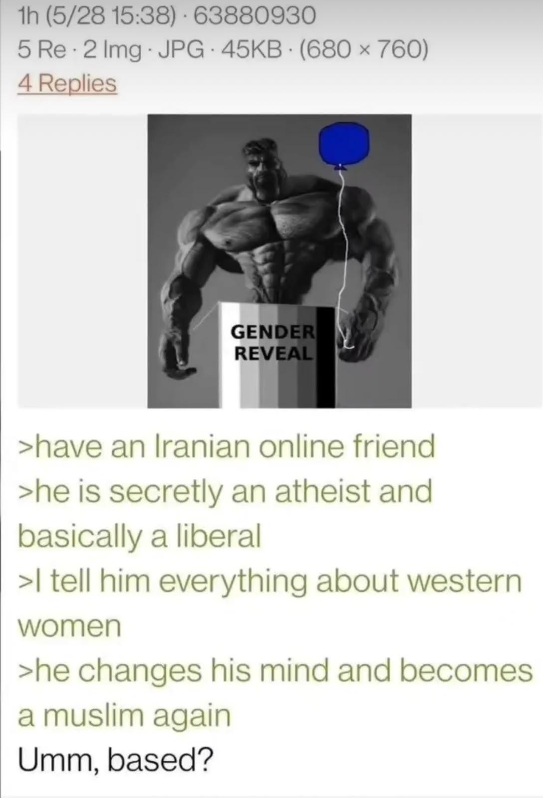 1h (5/28 15:38). 63880930 5 Re 2 Img JPG 45KB (680 × 760) 4 Replies GENDER REVEAL >have an Iranian online friend >he is secretly an atheist and basically a liberal >I tell him everything about western women >he changes his mind and becomes a muslim again Umm, based?